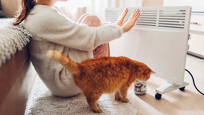 woman and cat close to heater lead
